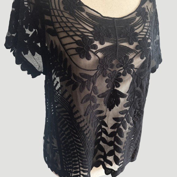 Express Black Sheer Floral Embroidered Mesh Top Sz Large Whimsigoth Witchy Goth - Picture 2 of 6